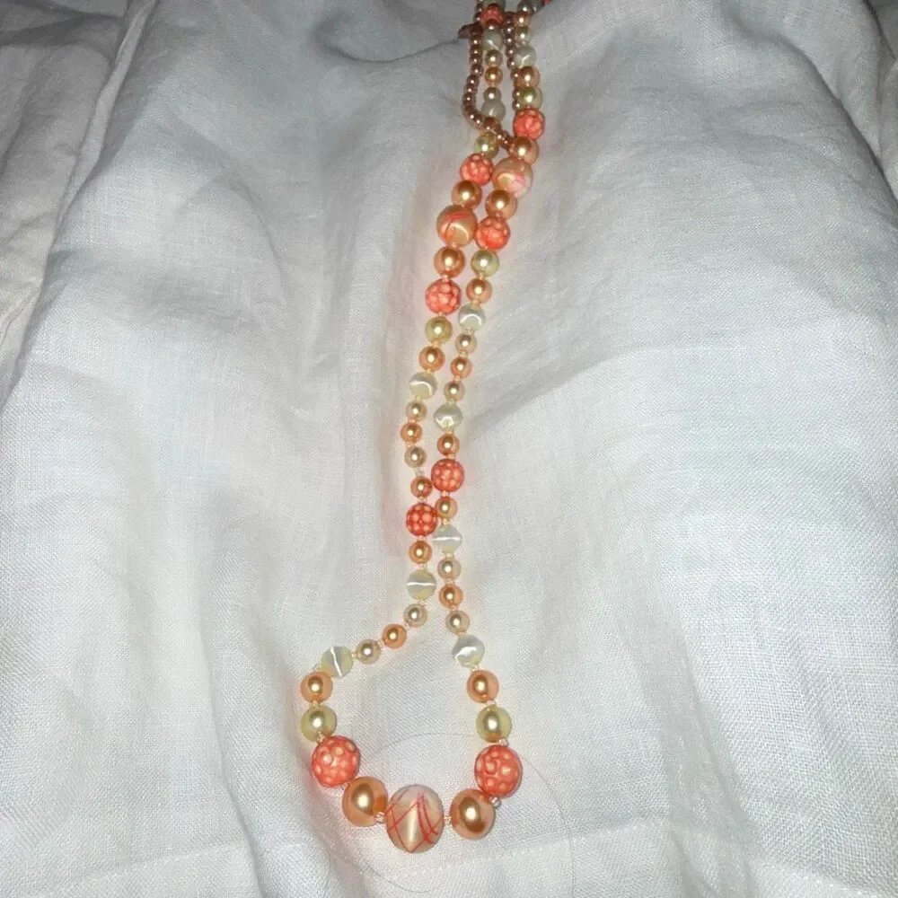 Vintage 1950s Art Glass Pearl Necklace Set 34” C Clasp &‎ 25” Layered Coral Pink